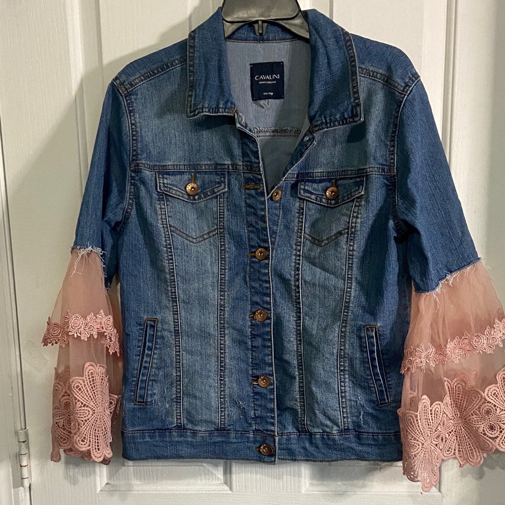 Cavalini Blue Denim Jacket with Pink Lace Accents